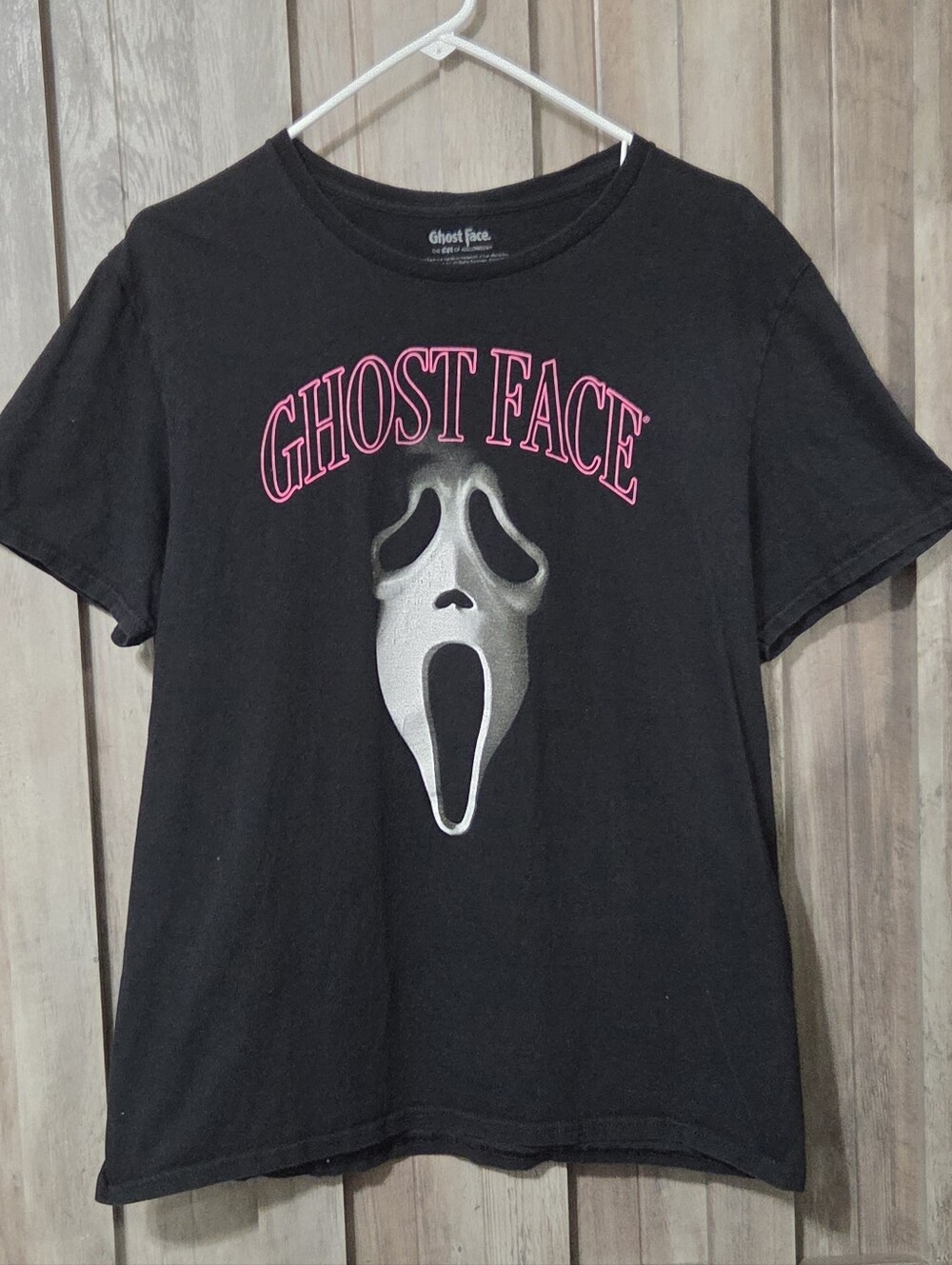 Ghost Face T Shirt Men's Sz Large Icon Of Halloween Black w/ large pink letters